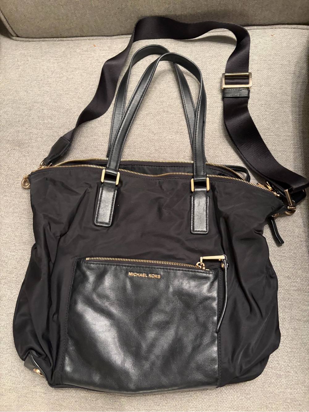 Michael Kors Black Nylon Tote with Leather Front Pocket and Gold Hardware